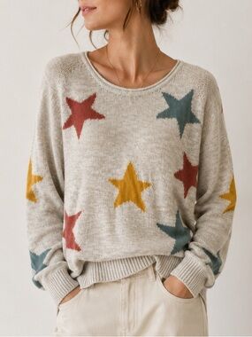 Lou & Grey Multicolor Star Print Cotton Blend Sweater Lightweight Pullover Small